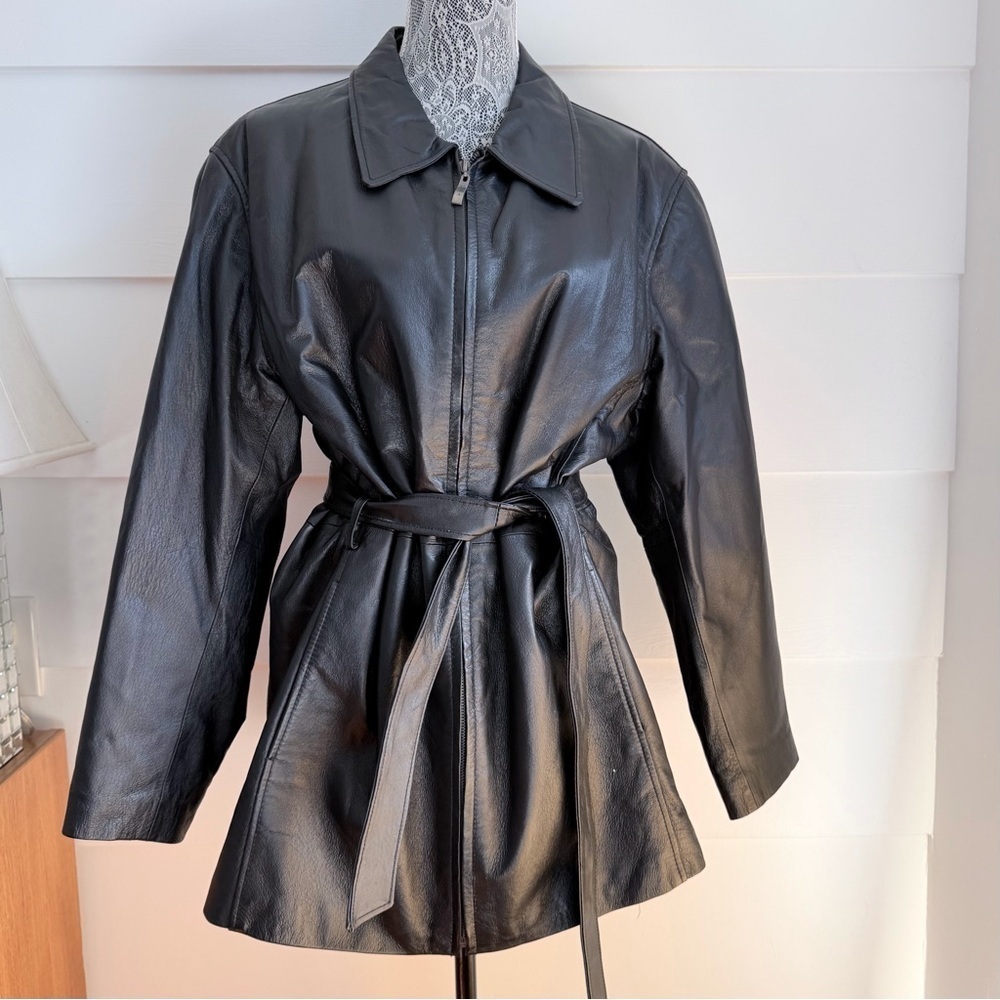 Vintage Black Leather Belted Zip Up Jacket Oversized Fit
